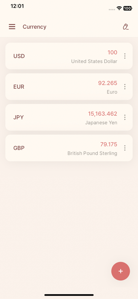 CalcBox -All in One Calculator - CalcBox app currency converter interface showing exchange rates for USD EUR JPY and GBP