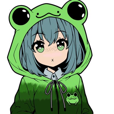 an anime girl wearing a frog hoodie