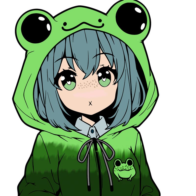 an anime girl wearing a frog hoodie
