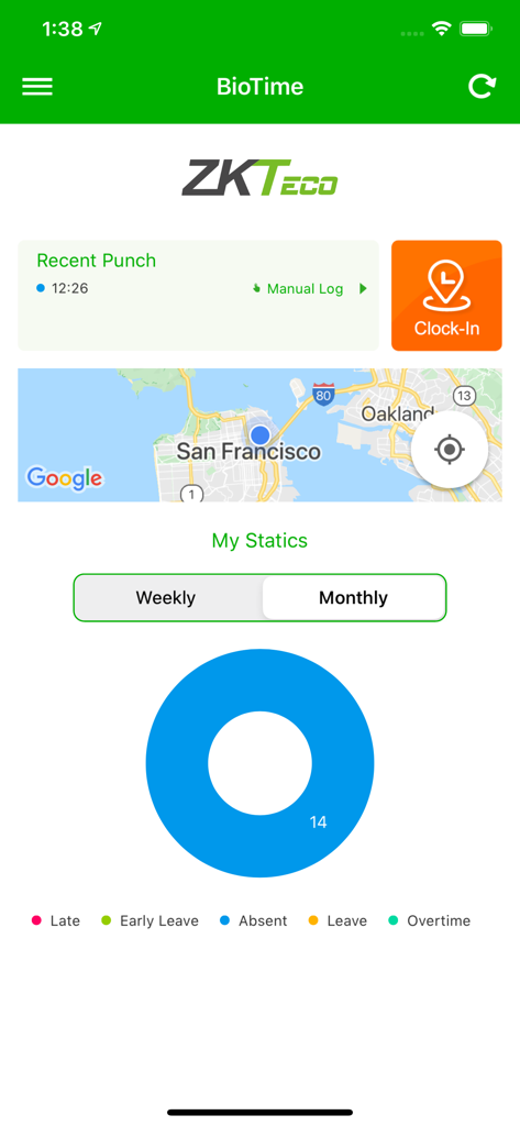 ZKBioTime mobile dashboard showing clock-in button, GPS location map, and attendance statistics chart.