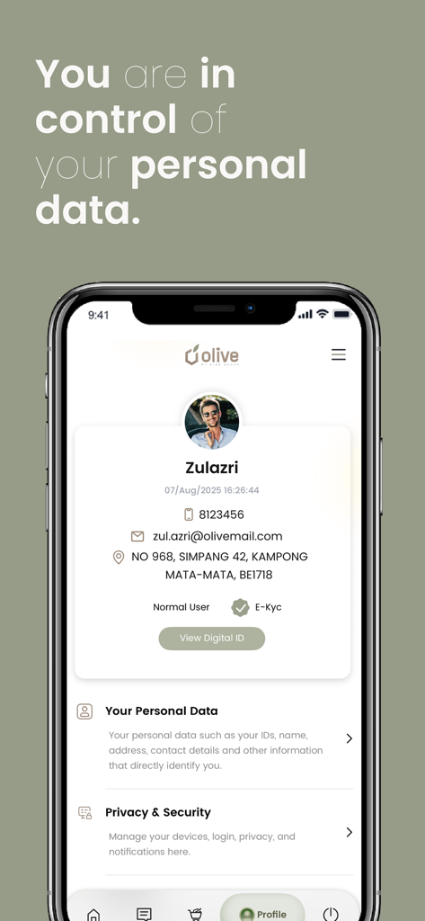 Olive Pro - Olive Pro app screen displaying personal profile data and privacy settings