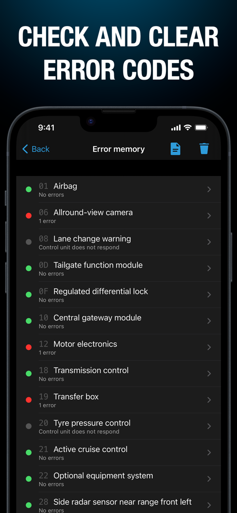 BimmerLink app screen for checking and clearing vehicle error codes