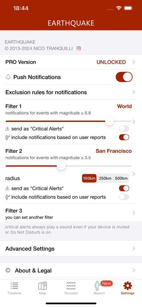 Earthquake - alerts and map - Settings screen showing earthquake notification filters for magnitude and location like San Francisco