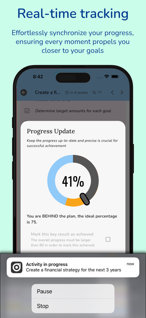 My OKR - Achieve What Matters - My OKRアプリでリアルタイムの進捗追跡とアクティビティステータスを表示するスマートフォン画面