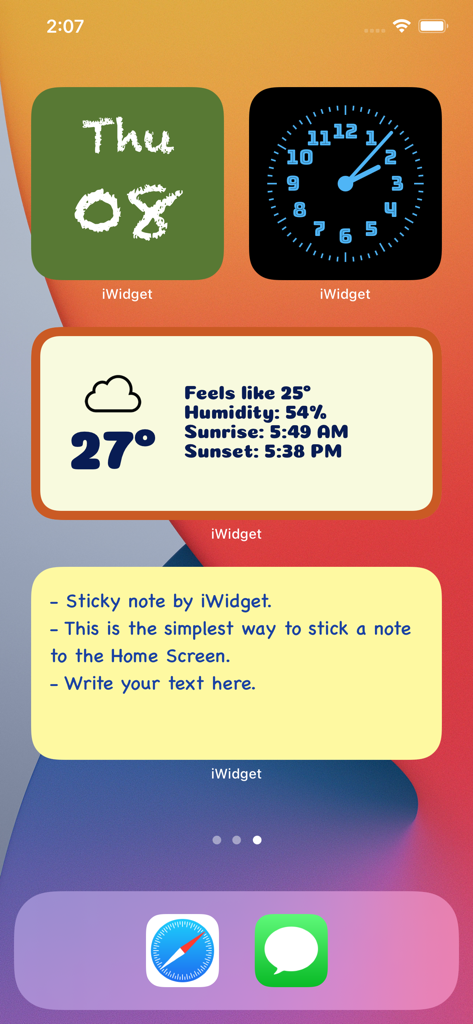 Widget Toolbox: 1000+ widgets - Pantalla de inicio de iPhone con widgets personalizados de reloj analógico de fecha, clima y notas adhesivas