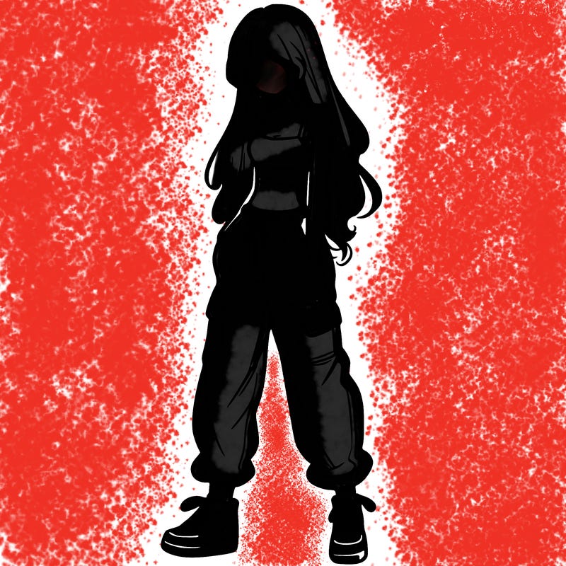 girl in baggy pants crop top and long hair