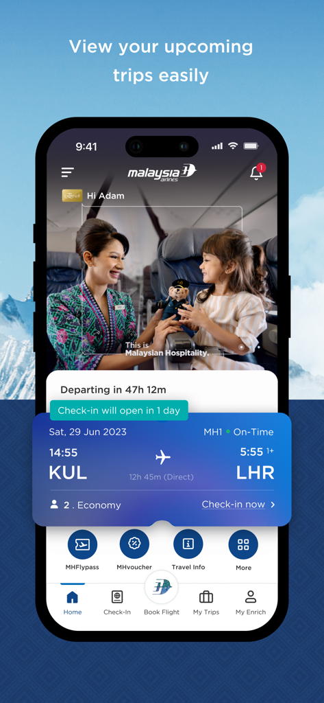 Schermata home dell'app mobile Malaysia Airlines che mostra un prossimo viaggio da Kuala Lumpur a Londra con dettagli del volo e conto alla rovescia per il check-in