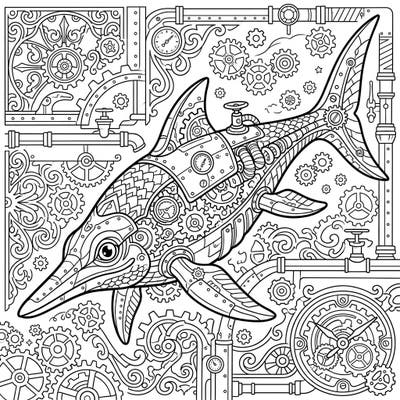 Discover an incredible fusion of natural history and industrial fantasy with our Steampunk Leptopterygius coloring page. This unique design features a prehistoric ichthyosaur adorned with intricate gears, brass plating, and Victorian machinery, ready for your creative touch.