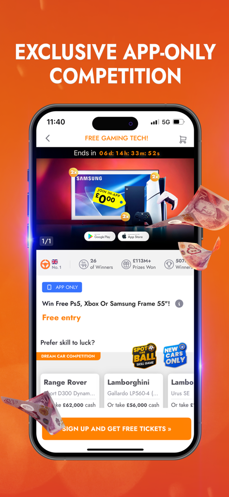 BOTB app screen showing an exclusive competition to win a PS5 Xbox and Samsung Frame TV with free entry