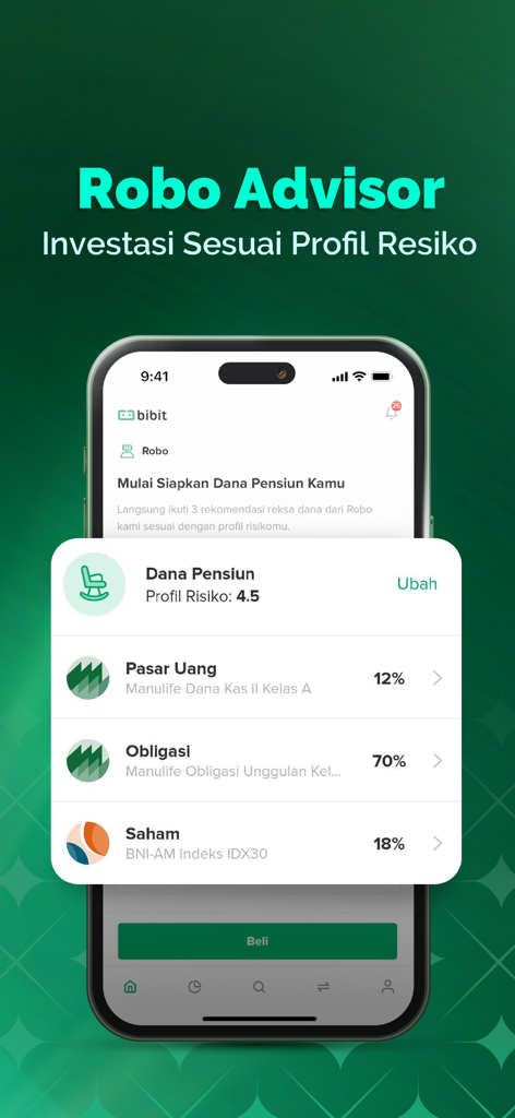 Bibit app interface displaying the Robo Advisor feature with a recommended asset allocation for a pension fund