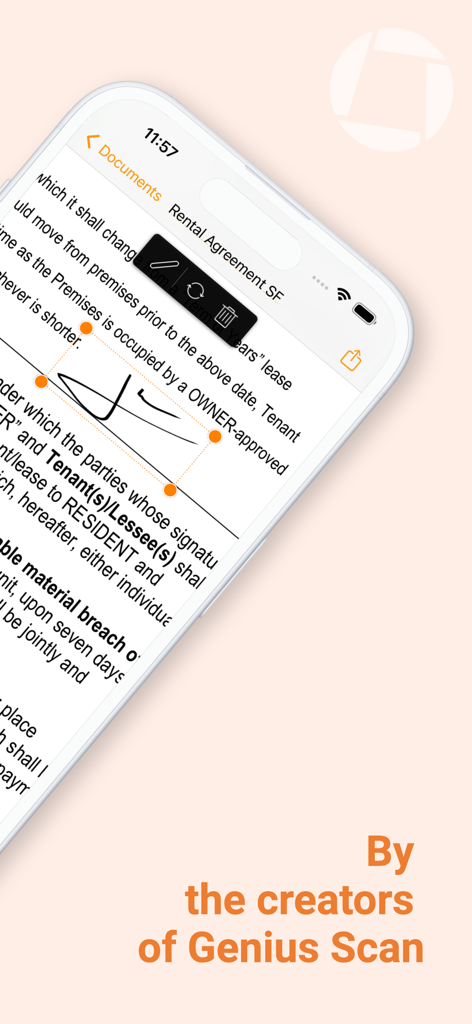 Genius Sign: PDF doc signature - Genius Sign 앱 인터페이스가 iPhone의 PDF 임대 계약서에 디지털 서명을 배치하는 것을 보여줍니다.