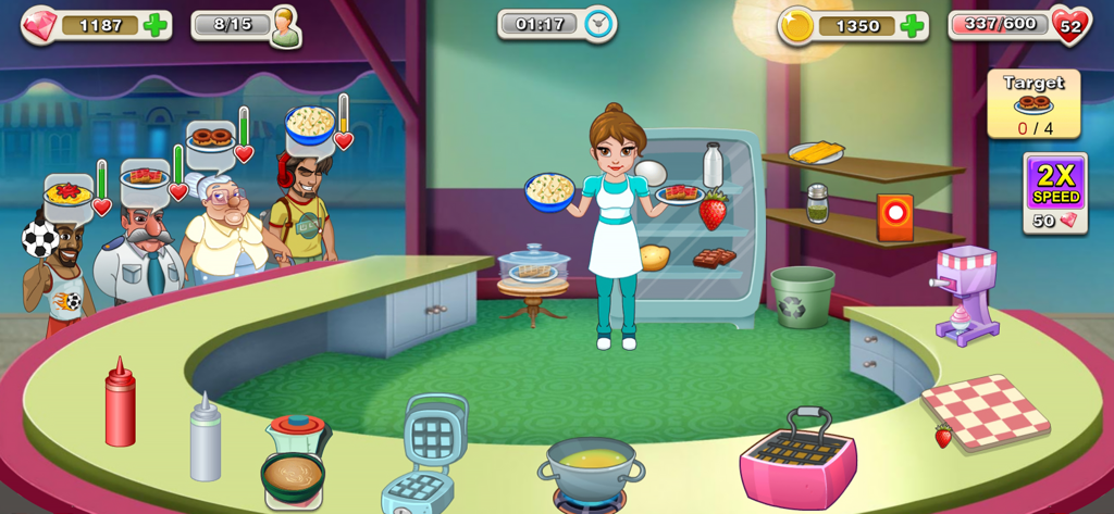 Kitchen Story - Köchin serviert Pasta und Waffeln an Kunden im Kitchen Story Handyspiel