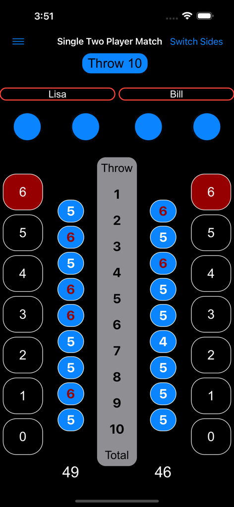 Axe Tracker app interface showing a two player match scoreboard for Lisa and Bill with scores for ten throws