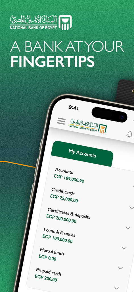 Dashboard dell'app NBE Mobile che mostra saldi dei conti e servizi finanziari in EGP