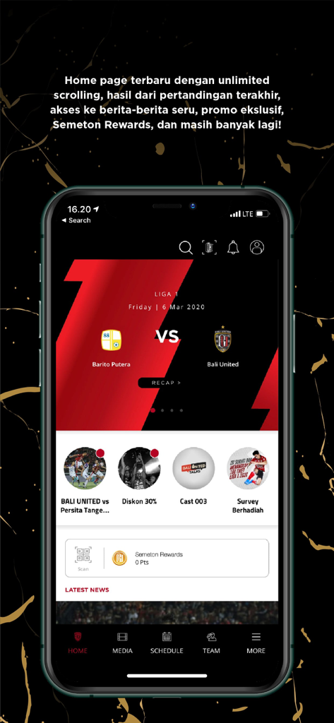 Bali United - The home screen of the Bali United official app displaying match schedules and rewards