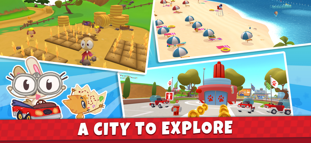 Puppy Cars - Games for Kids 3+ - Screenshots of the Puppy Cars app showing different locations like a farm beach and city for kids to explore