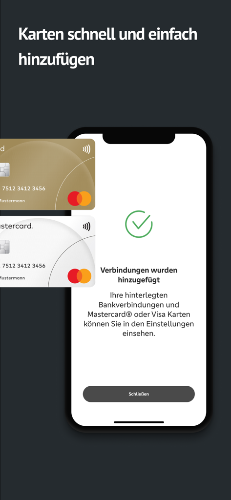 Interface of the SecureGo plus app showing a success message after adding bank and credit cards