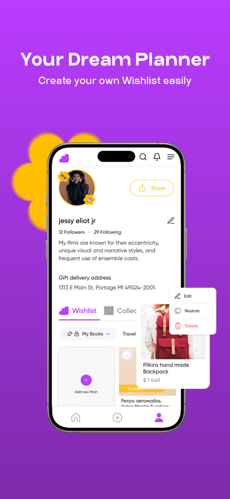 Rewish mobile app interface showing a user profile with a curated wishlist and gift management options
