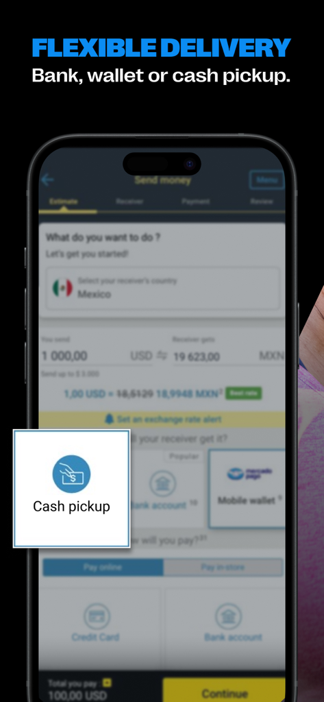 Western Union: Send Money - Western Union app screen showing money transfer delivery options including cash pickup, bank account, and mobile wallet.