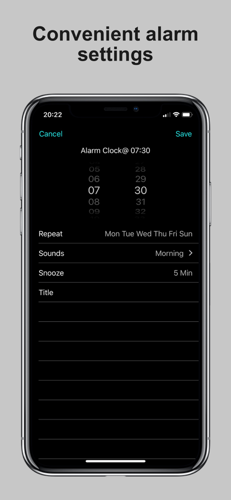 Bedside Clock - Time widgets - Schnittstelle zum Einstellen eines neuen Alarms in der Bedside Clock App mit Zeitauswahl und Wiederholungsoptionen