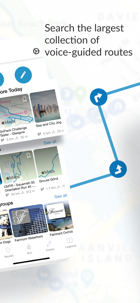 RunGo - The Best Routes to Run - RunGo app interface showing a search collection of voice-guided running routes