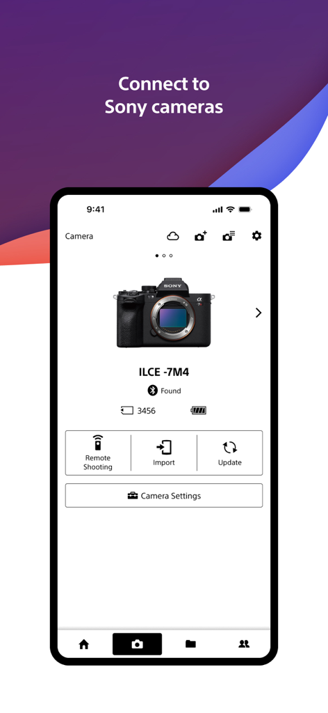 Sony Creators App interface showing a connected Sony Alpha camera with options for remote shooting and importing