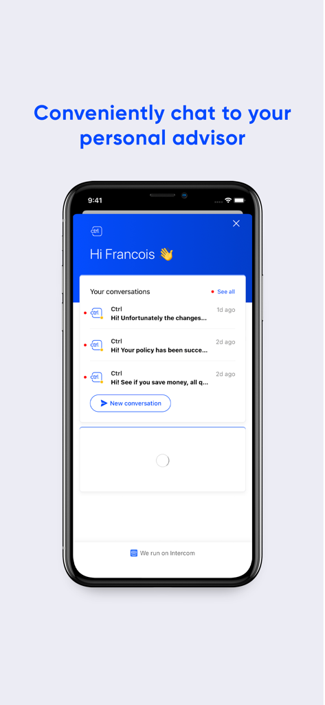 Ctrl - Insurance assistant - Interfaz que muestra una pantalla de chat personalizada con un asesor de seguros en la app Ctrl.