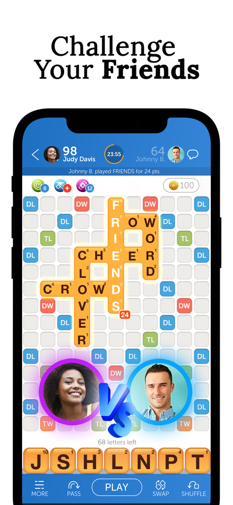Words With Friends Word Game - 단어 경기에 참여하는 플레이어를 보여주는 Words With Friends 모바일 게임 보드