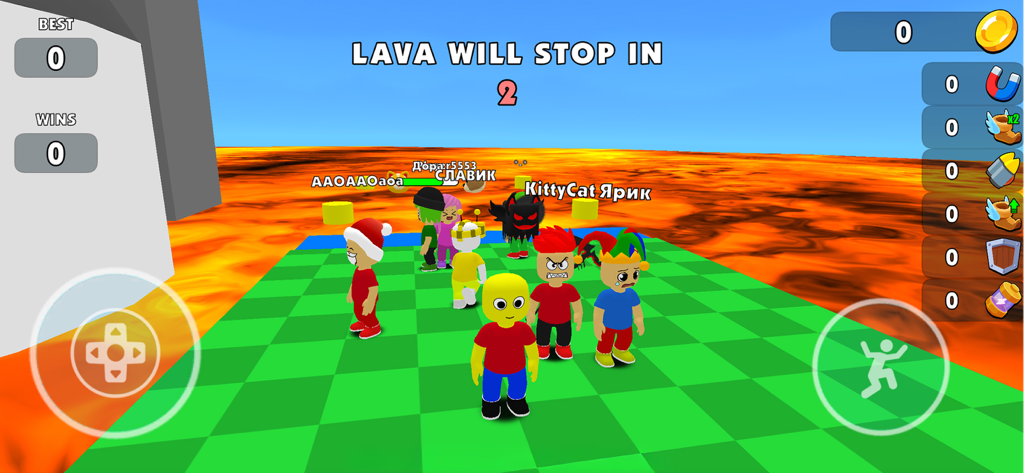 Steal a Golden Fish - Cartoon characters standing on a green checkered platform above a lava sea in the Lava World Obby mode.