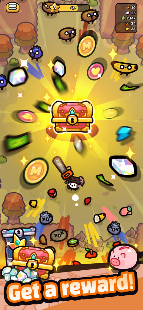 Chainsaw Juice King: Idle Shop - Un personaje de dibujos animados con una motosierra abriendo un cofre del tesoro rebosante de monedas, gemas y moneda del juego