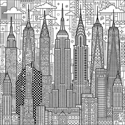 Explore the grandeur of the world's most iconic skyscrapers with this intricate adult coloring page. Designed for experienced colorists, it offers a challenging yet rewarding journey through a detailed urban landscape.