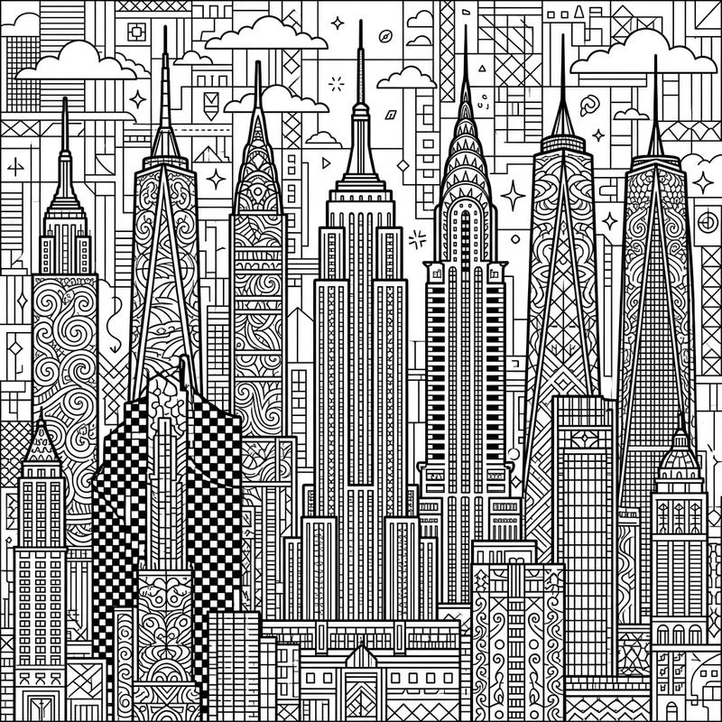 Explore the grandeur of the world's most iconic skyscrapers with this intricate adult coloring page. Designed for experienced colorists, it offers a challenging yet rewarding journey through a detailed urban landscape.