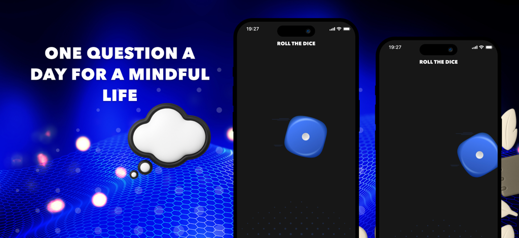 Mindful Dice: Daily Reflection - Mindful Dice app promotional banner showing a rolling blue die on an iPhone and the text One question a day for a mindful life