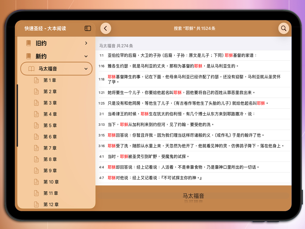 Search results interface of the Quick Bible app on iPad showing verses in Chinese with large print and navigation sidebar