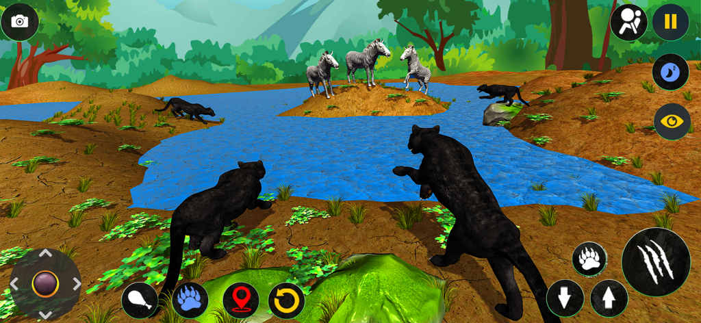Wild Black Panther Furious Sim - Panteras negras acechando cebras junto a un abrevadero en un juego de simulación de vida salvaje 3D