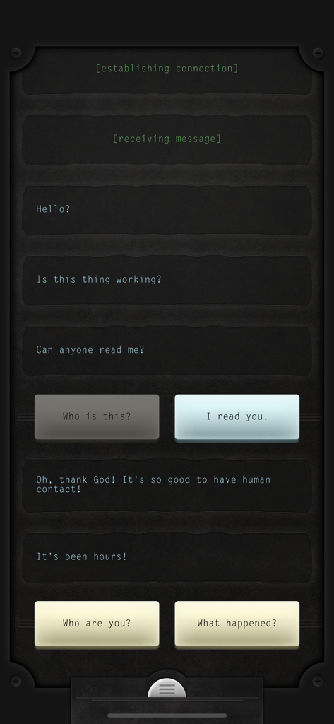 Lifeline... - Screenshot der Lifeline-Spieloberfläche, der textbasierte Dialoge und Überlebensentscheidungen zeigt.