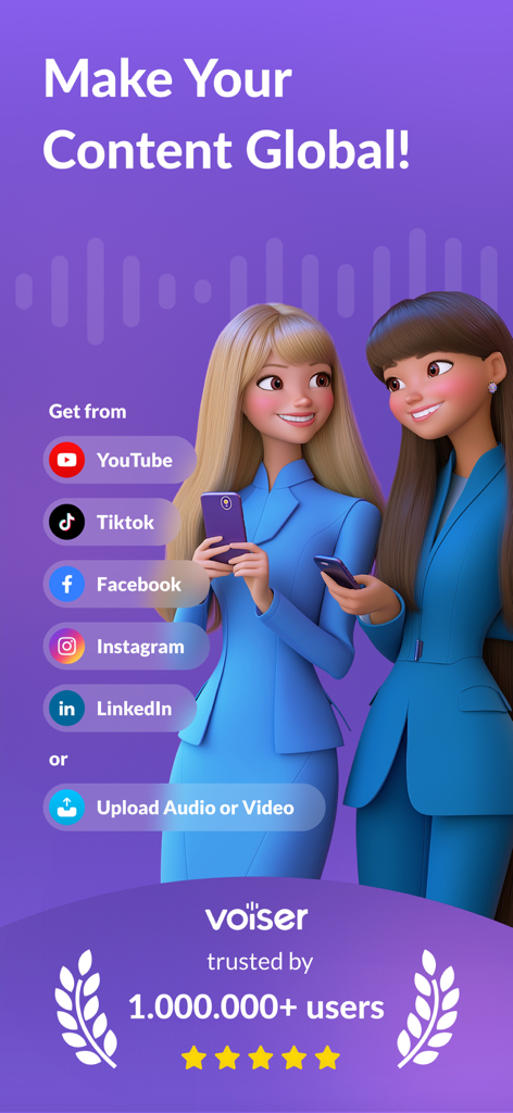 AI Dubbing & Video Translator - Dois criadores digitais usando o aplicativo Voiser para traduzir vídeos de mídia social para alcance global.