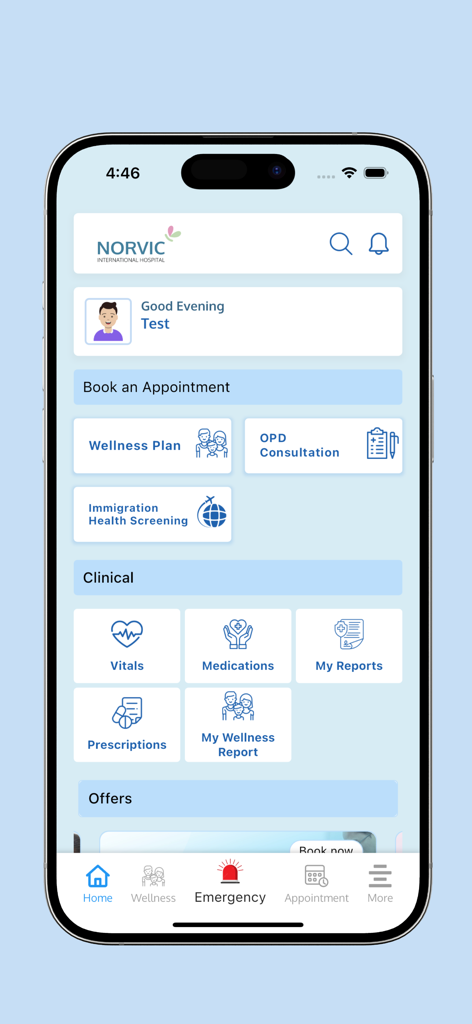 Norvic Care - Norvic Care mobile app dashboard with medical services and appointment booking options