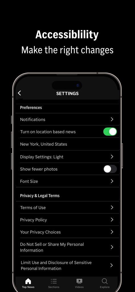 AP News - Pantalla de configuración de la aplicación AP News que muestra opciones de accesibilidad y personalización, incluyendo tamaño de fuente y preferencias de notificación.