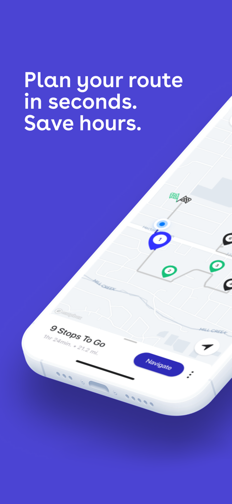 Straightaway Powered by Mapbox - Straightaway app showing an optimized multi-stop delivery route on a map