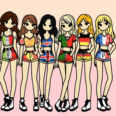 a group of girls wearing crop tops and shorts