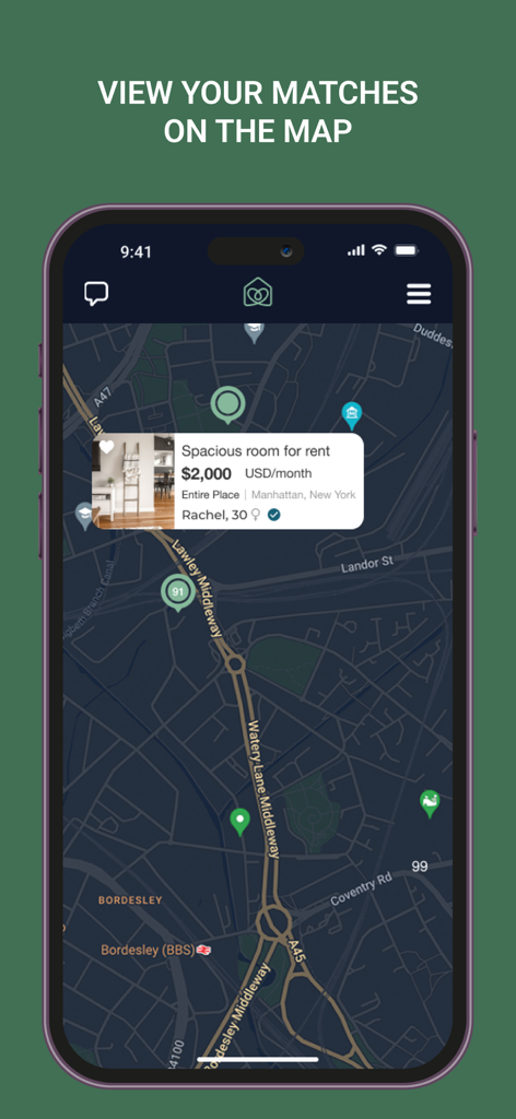 Interface da aplicação Roomster mostrando anúncios de aluguer num mapa de Manhattan, Nova Iorque