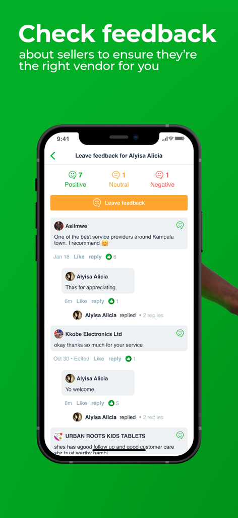 Jiji Uganda - Jiji Uganda app interface showing vendor feedback and customer reviews