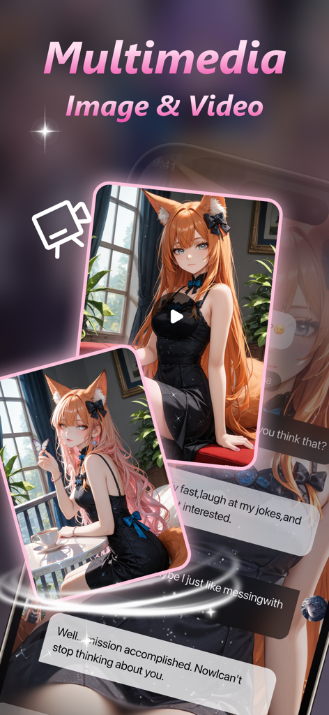 AI-generated anime character images and video clips in the Chatto app interface