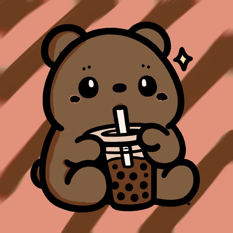 a cute bear drinking boba