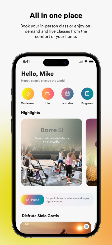 Screenshot of the Siclo app home screen showing options for live and on demand fitness classes
