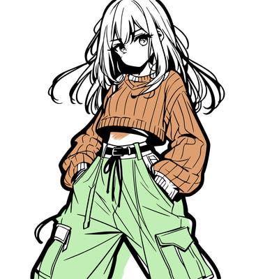 anime teen girl with baggy pants and crop top with sweater