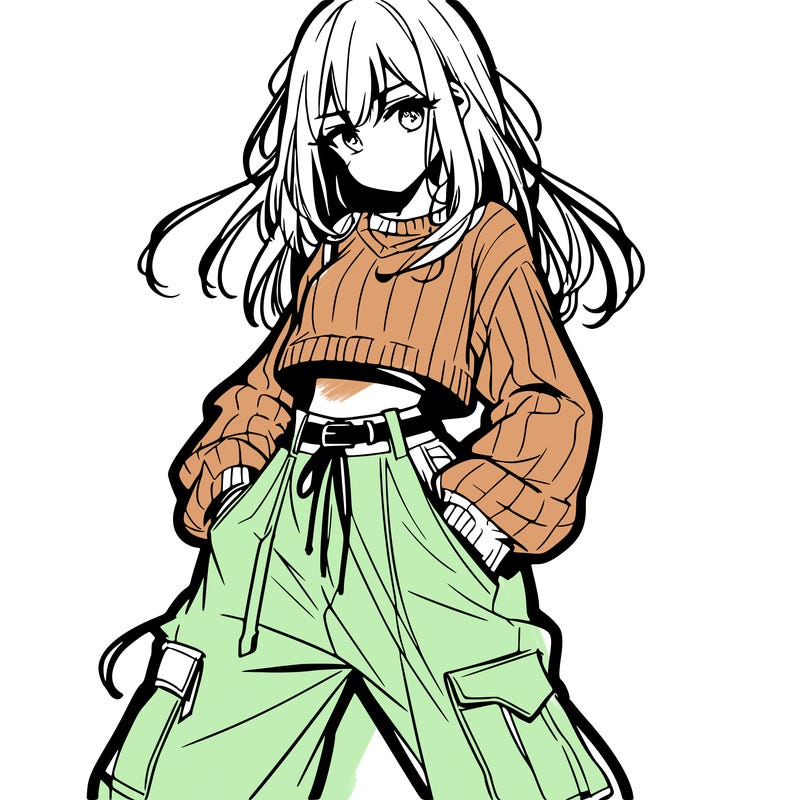 anime teen girl with baggy pants and crop top with sweater