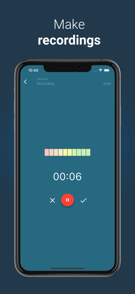 Up Tempo: Pitch, Speed Changer - タイマーとボリュームメーター付きのオーディオ録音インターフェースを表示するスマートフォン。