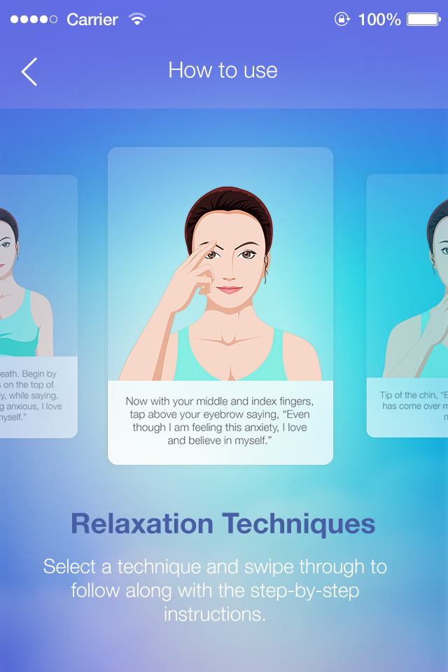 Calm Down Now™ - Pantalla de la aplicación Calm Down Now que muestra instrucciones para una técnica de relajación de tapping EFT